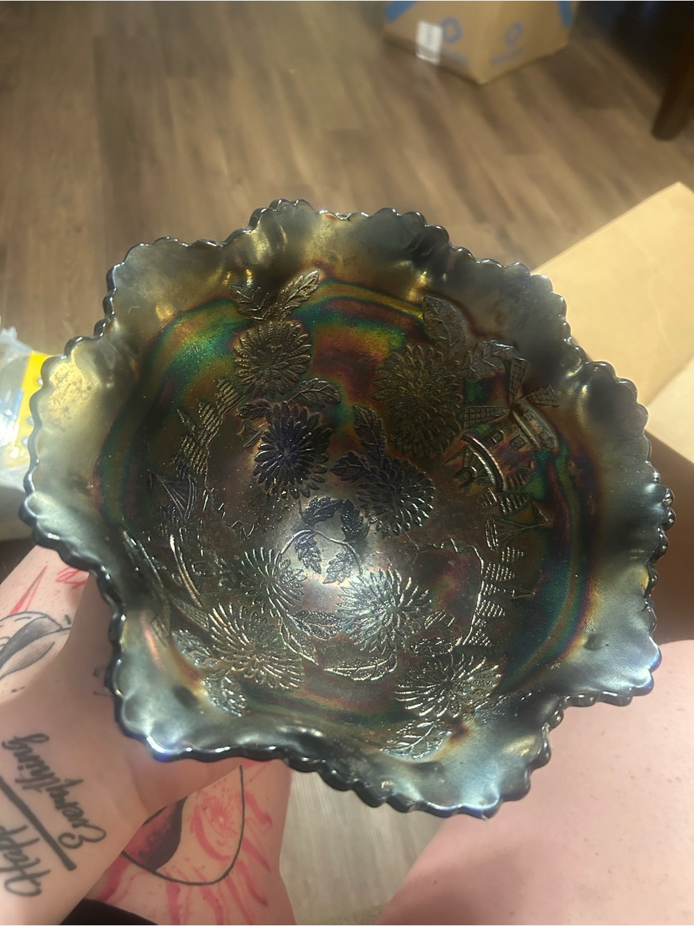Vintage Fenton carnival glass windmill Decorative Bowl - Green/Blue
